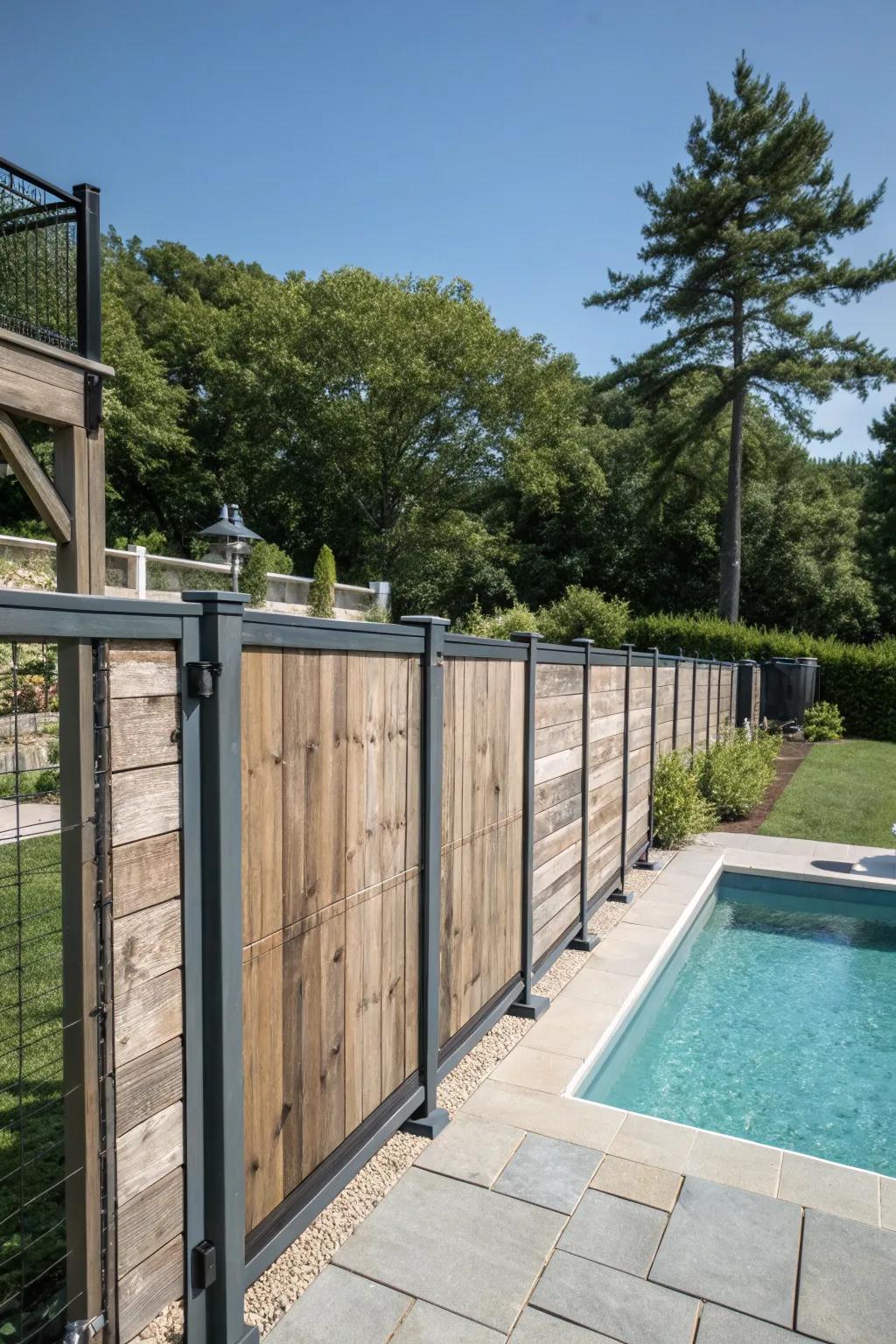 A modern countryside barrier featuring wood and metal components.