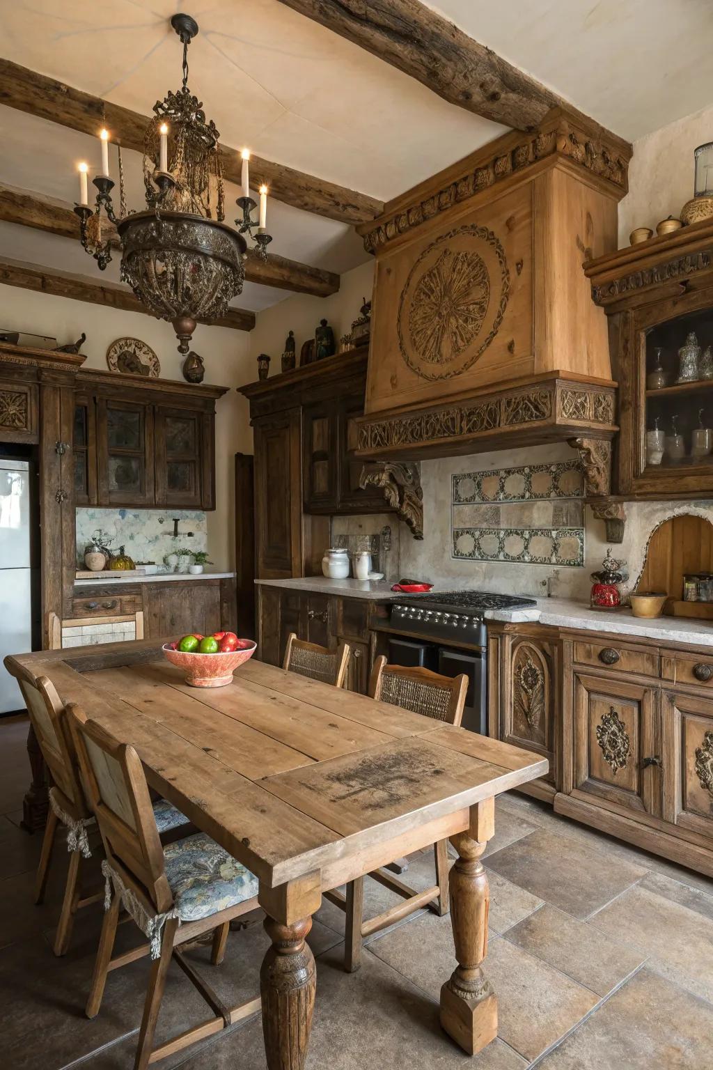 Fancy timber etchings add rich detail to this kitchen.
