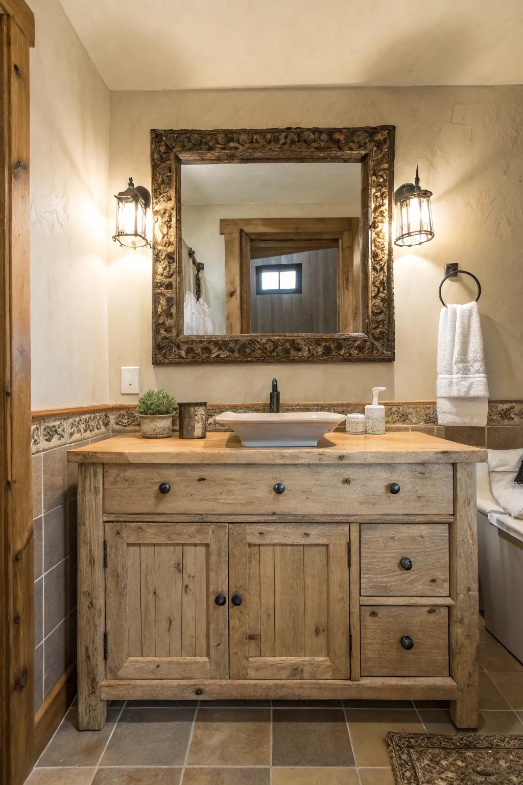 An old mirror adds personality and history to the bathroom.
