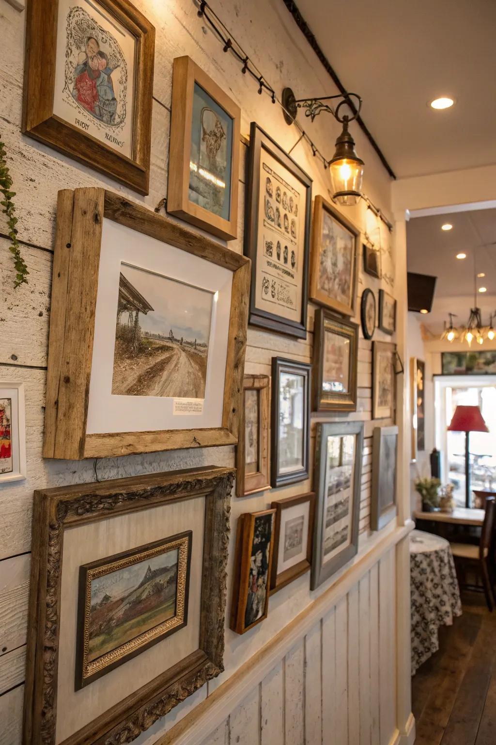 A country themed photo wall displaying a mix of wood frames and period artwork.