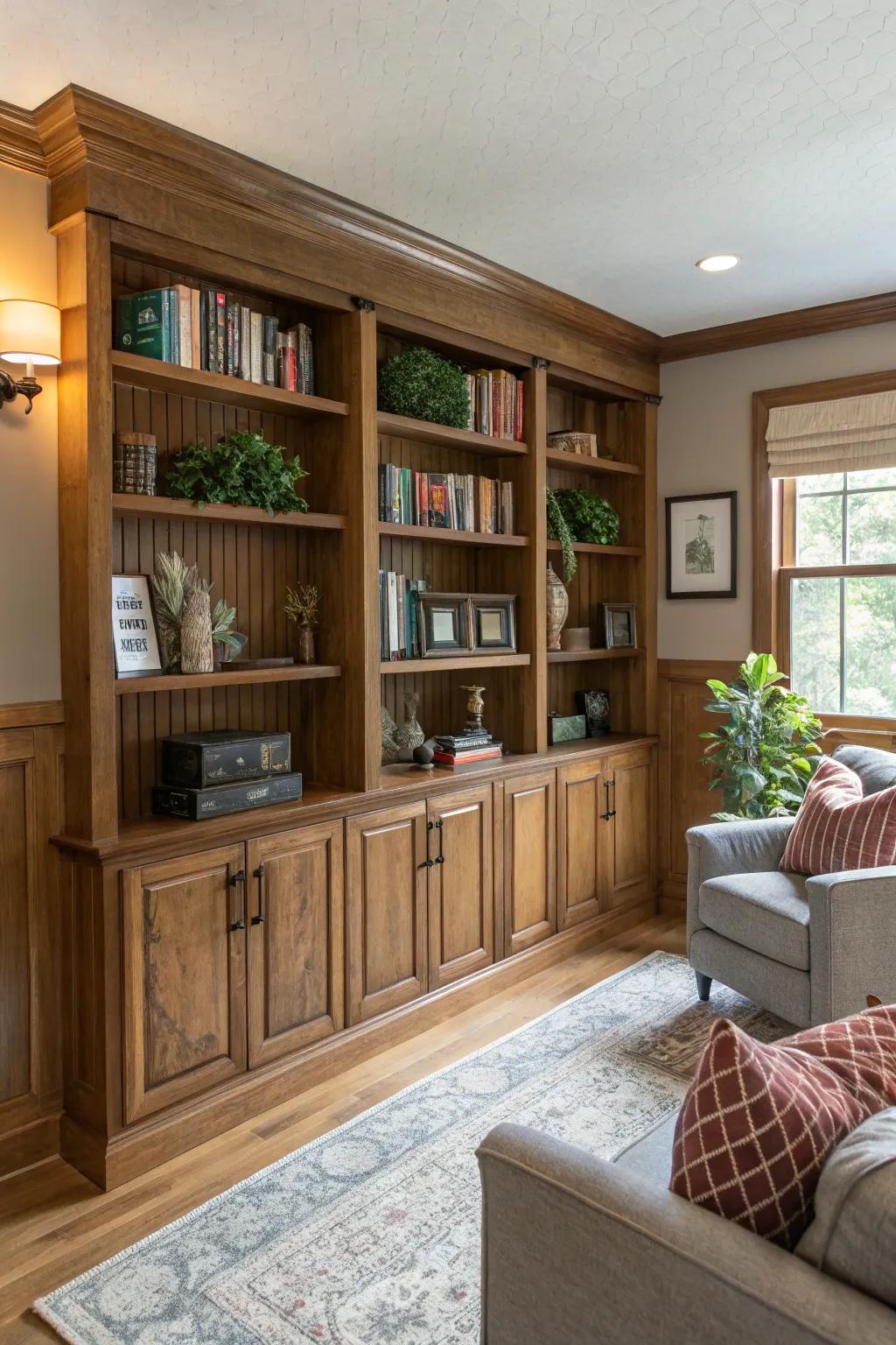 Integrated shelving coupled with paneling delivers a fashionable and practical attribute.