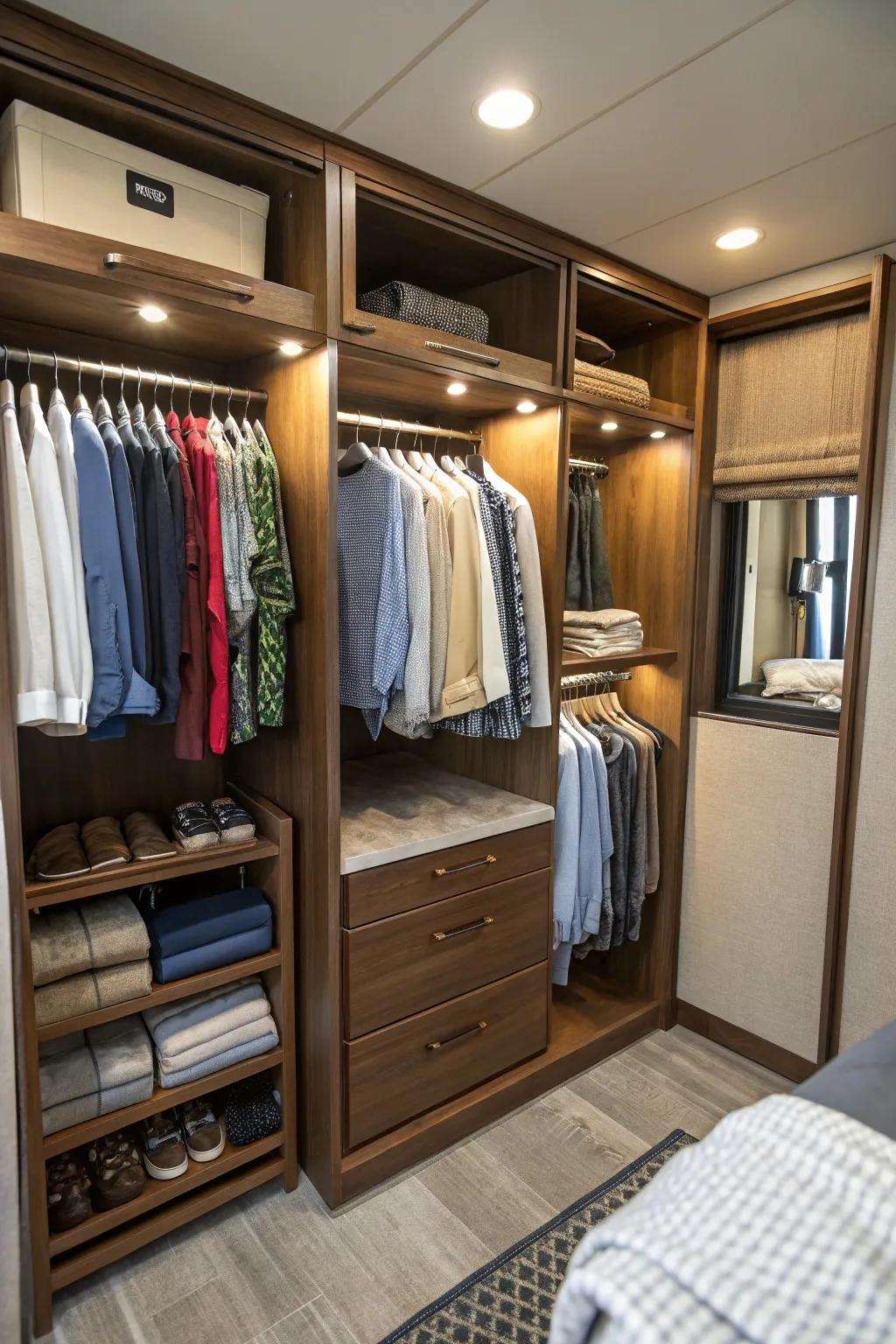 Shelf dividers contribute to maintaining an orderly RV closet.