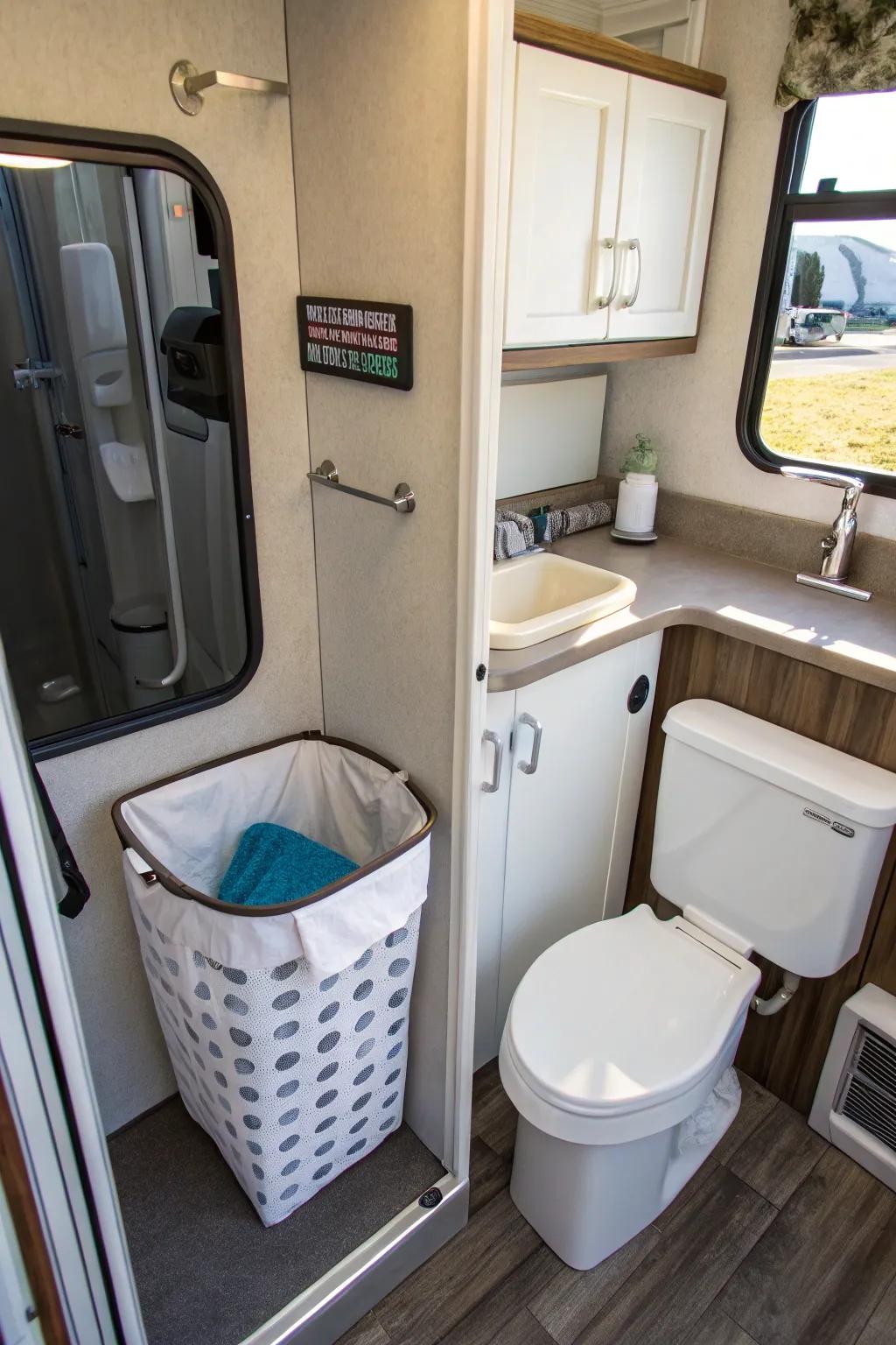 A wall-mounted hamper saving space in an RV bathroom.