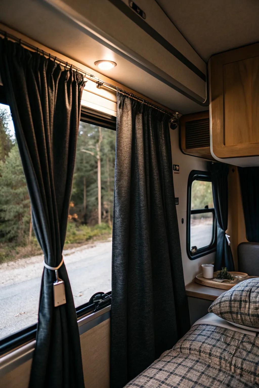 Darkness drapes ensure a serene sleep environment by eliminating exterior light.