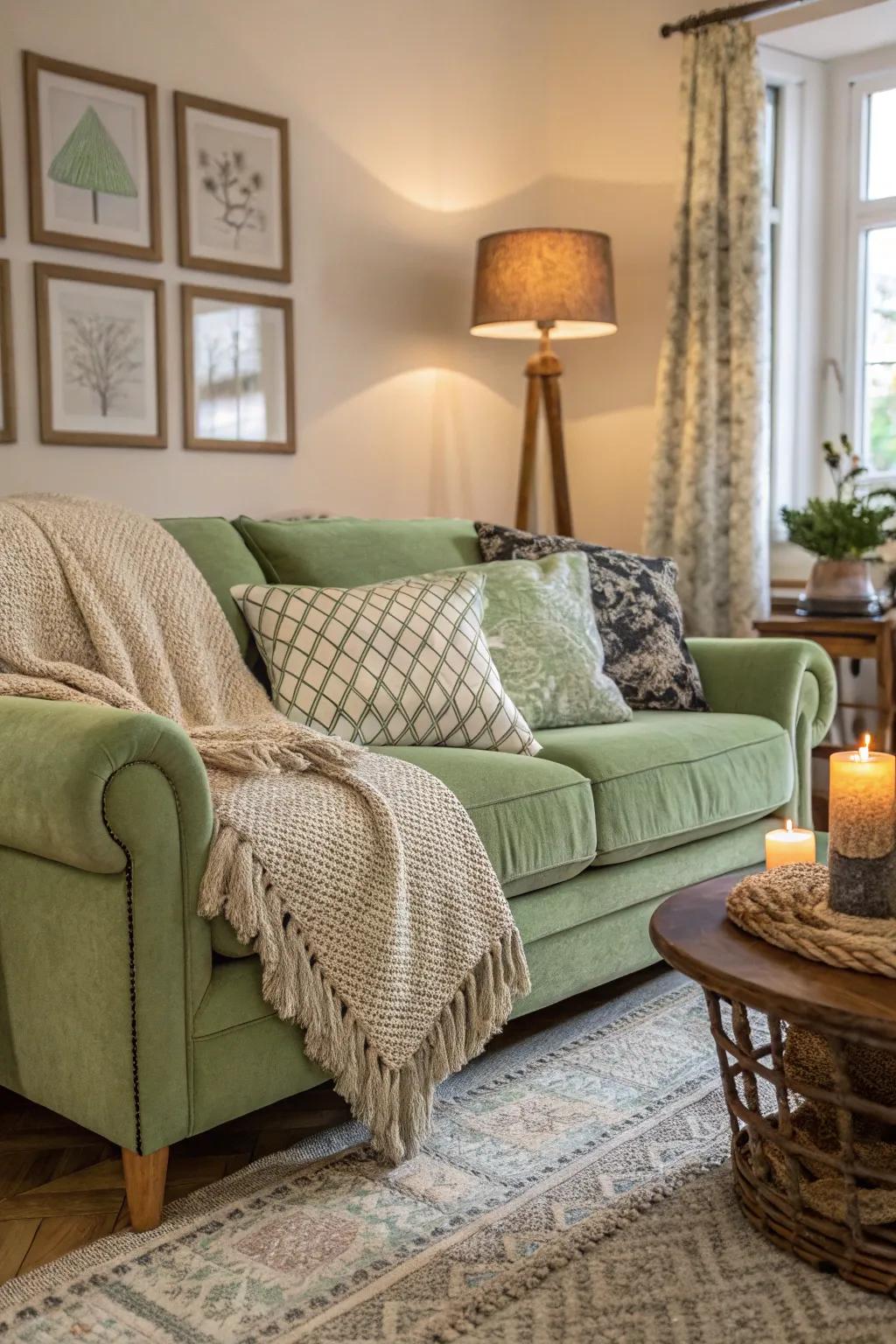 Textured throws add warmth and dimension to a sage green sofa.