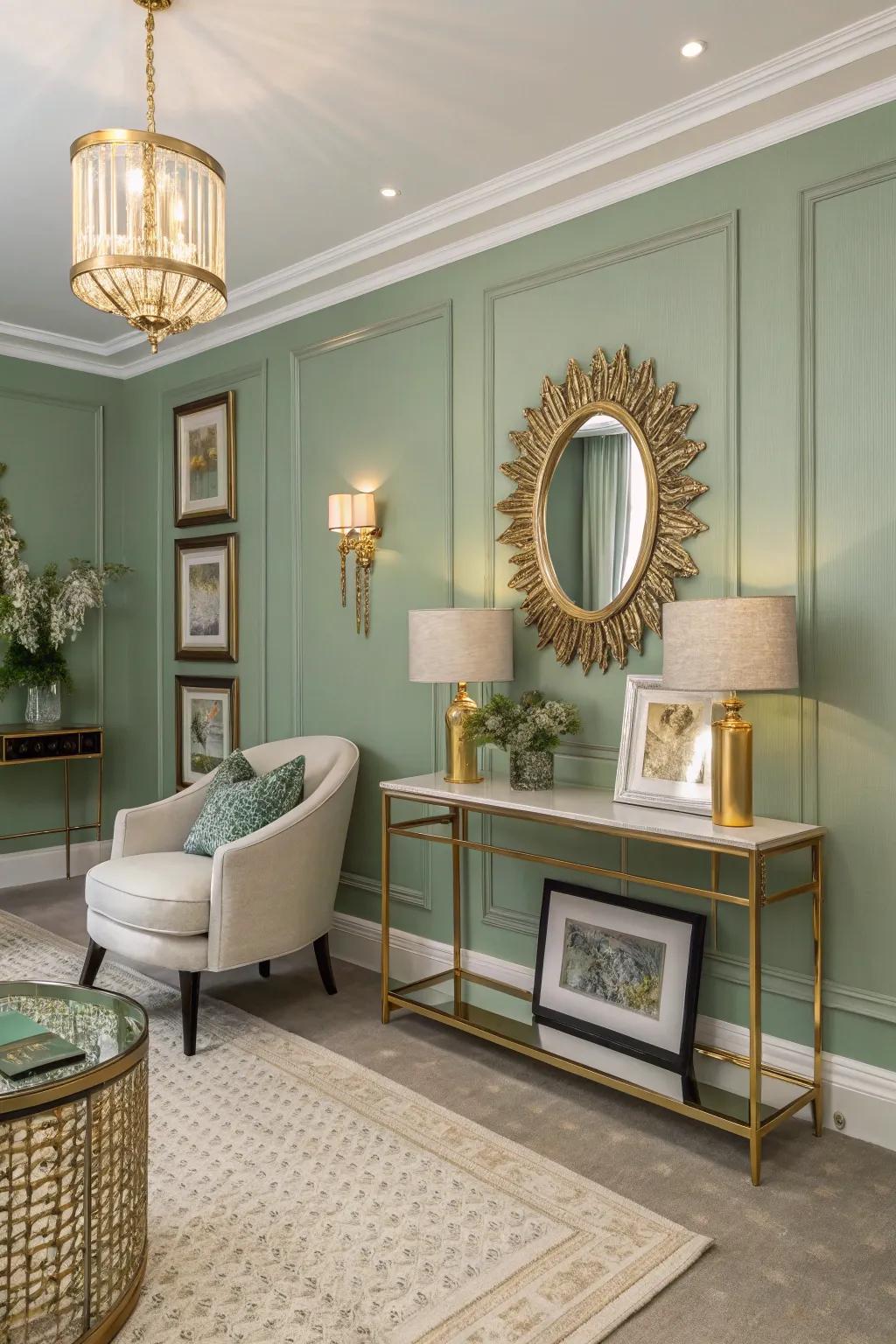 A sophisticated room showcasing sage green with gold accents.