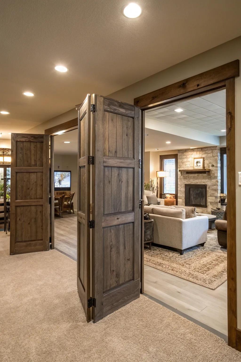 Functional spaces using swinging doors as dividers.