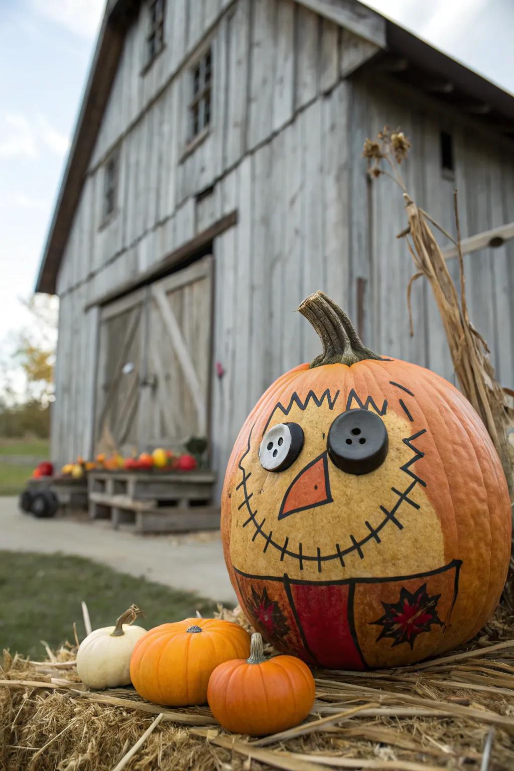 Circle eyes give a woodsy charm to this scarecrow pumpkin.
