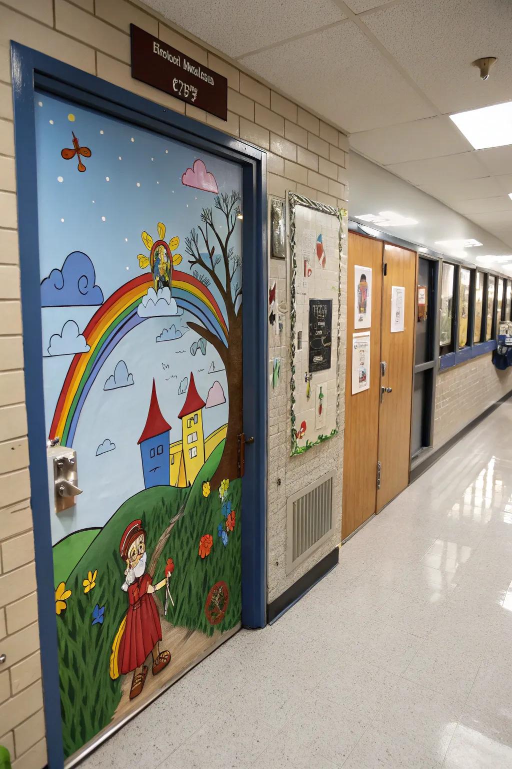 A school door transformed into a creative mural.