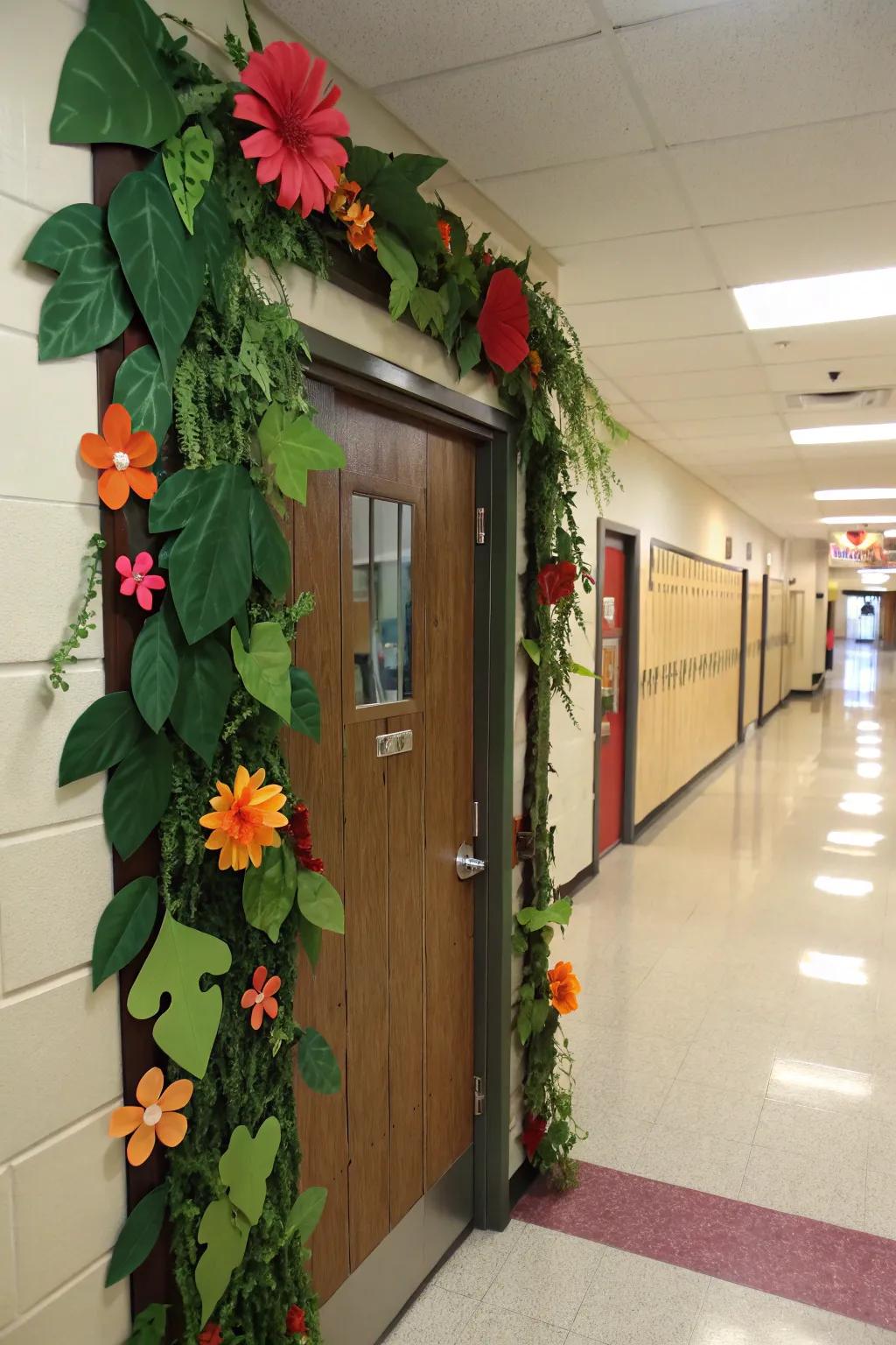 A nature-inspired school nurse door featuring leaves and flowers.