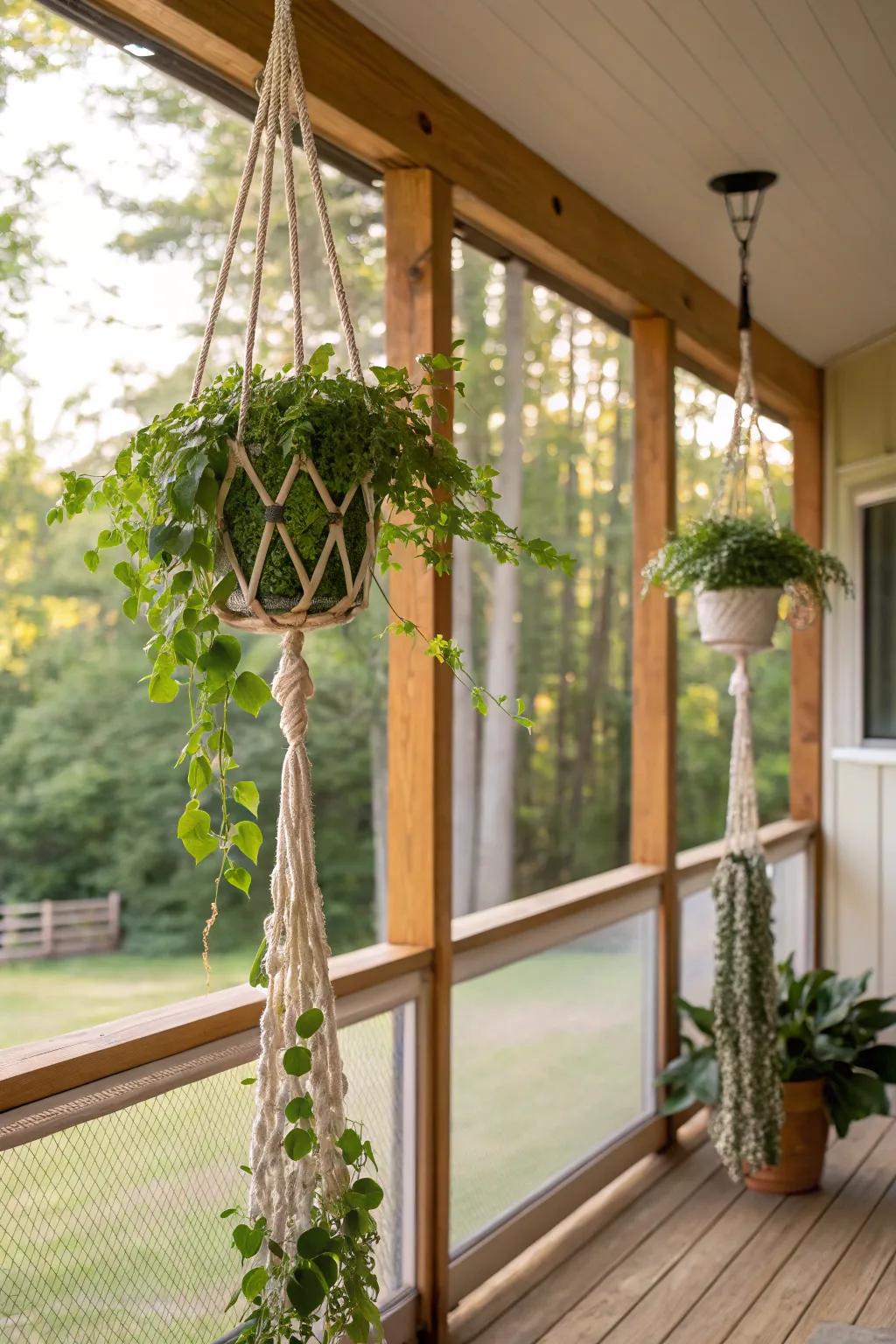 DIY knotted string flora slings append a bohemian ambiance to the porch.