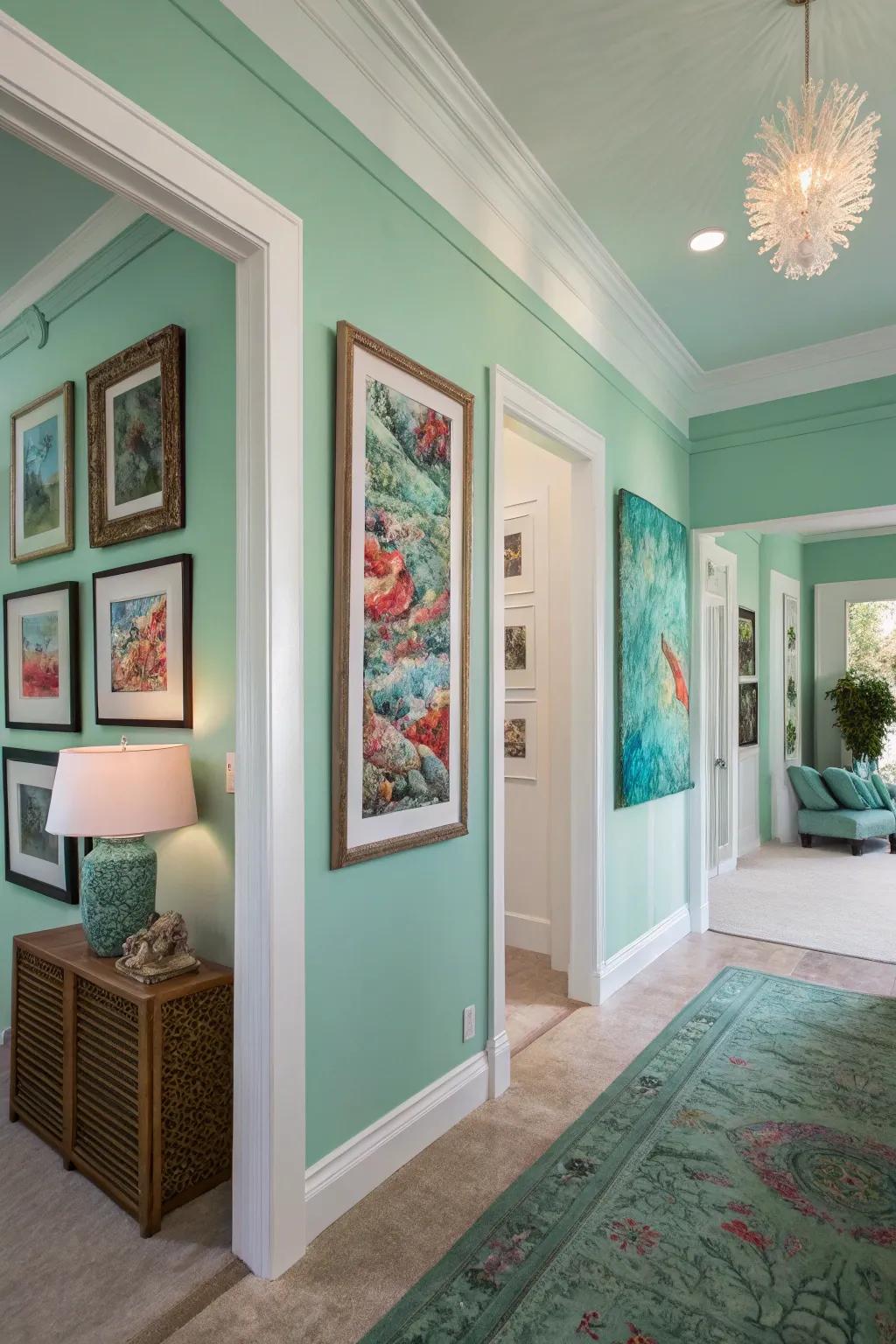 An artistic living space featuring seafoam green walls and vibrant art.