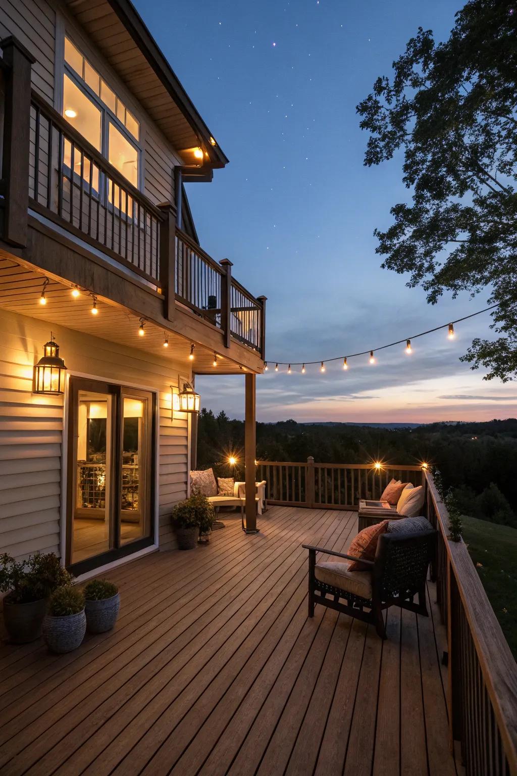 A beautifully lit deck that shines with warmth and style during the night.
