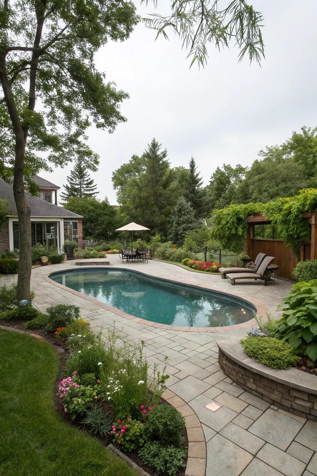A semi inground pool seamlessly integrated into a balanced backyard arrangement.