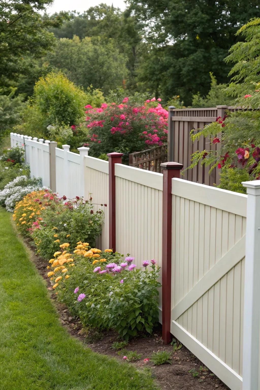 Dual-tone fencing cultivates visual intrigue and depth in this vibrant yard environment.