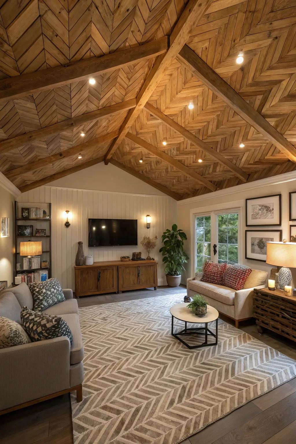 A herringbone-patterned shed ceiling generating a visual impact.