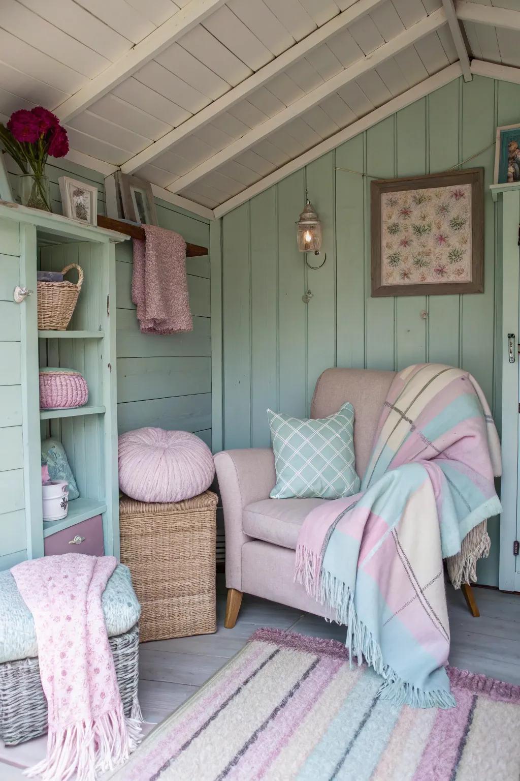 A restful refuge featuring delicate textiles and calming colors inside a shed.