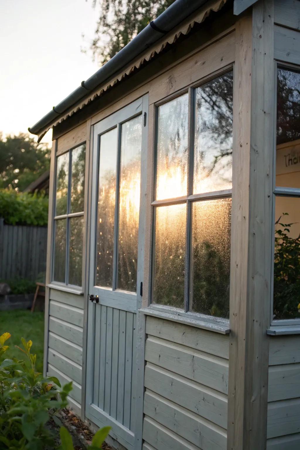 Privacy film maintains privacy while allowing natural light into the shed.
