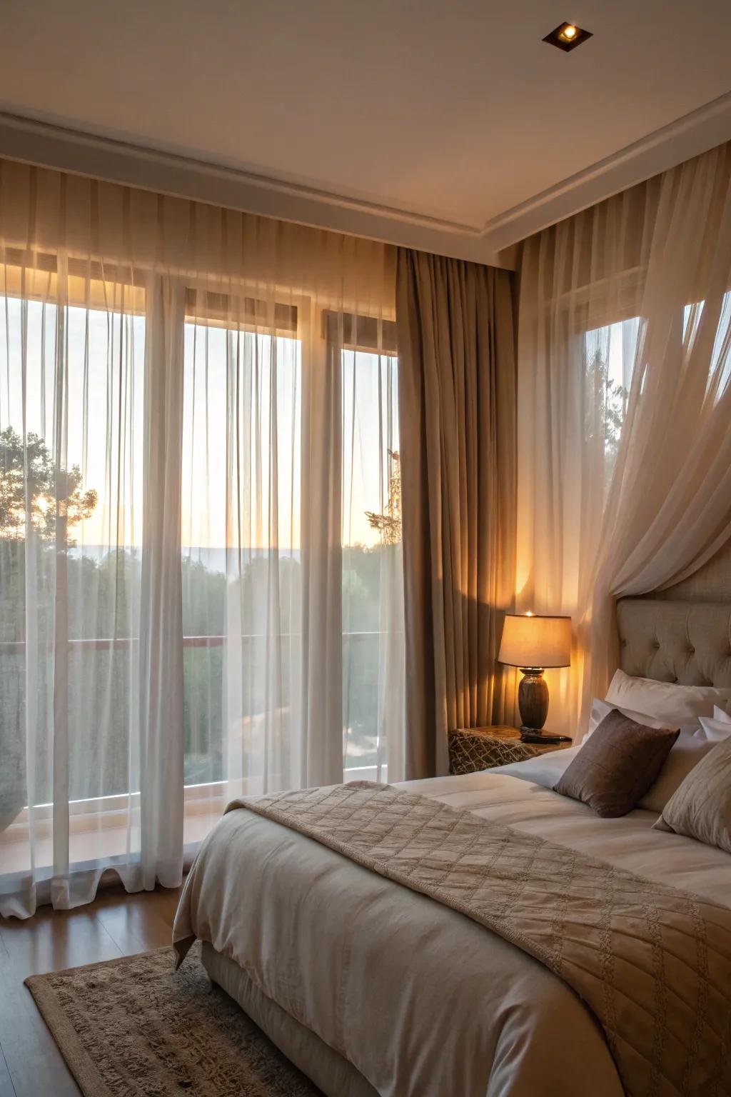 Layering sheer curtains with drapes provides flexibility in light and privacy management.