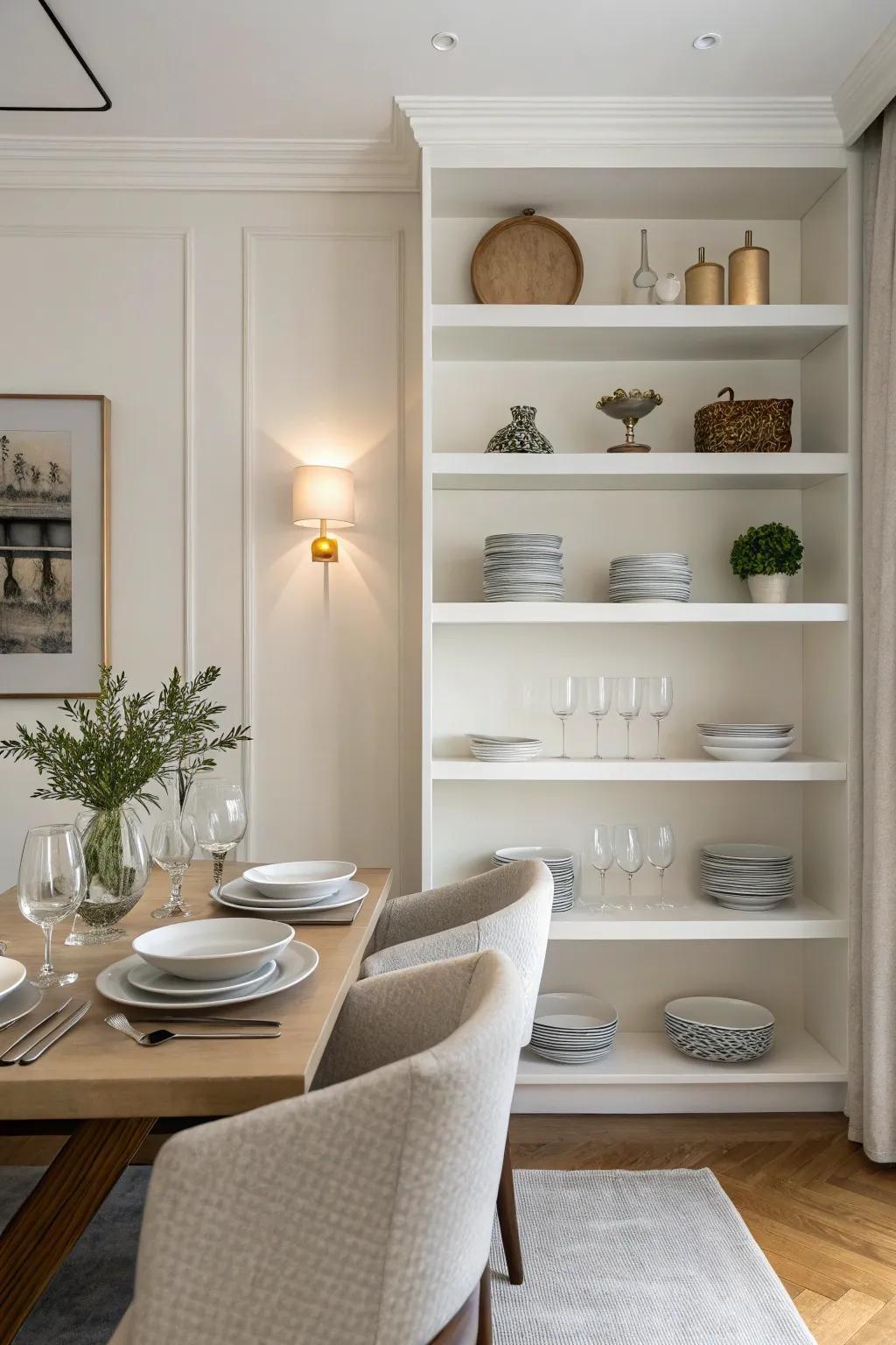 Simple shelving elevates the tidy feel of the dining space.