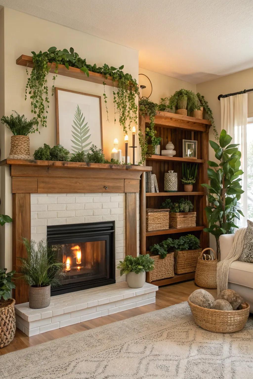 Refreshing touch on the shelves with plants and natural decor.