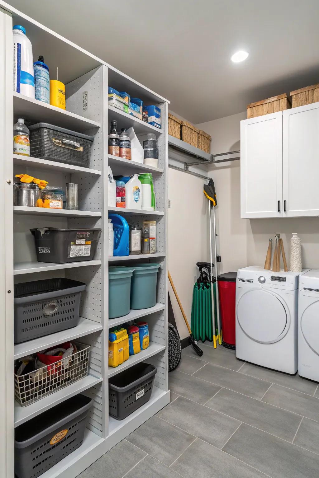 Adjustable shelves in a laundry room, providing flexible storage options for diverse needs.