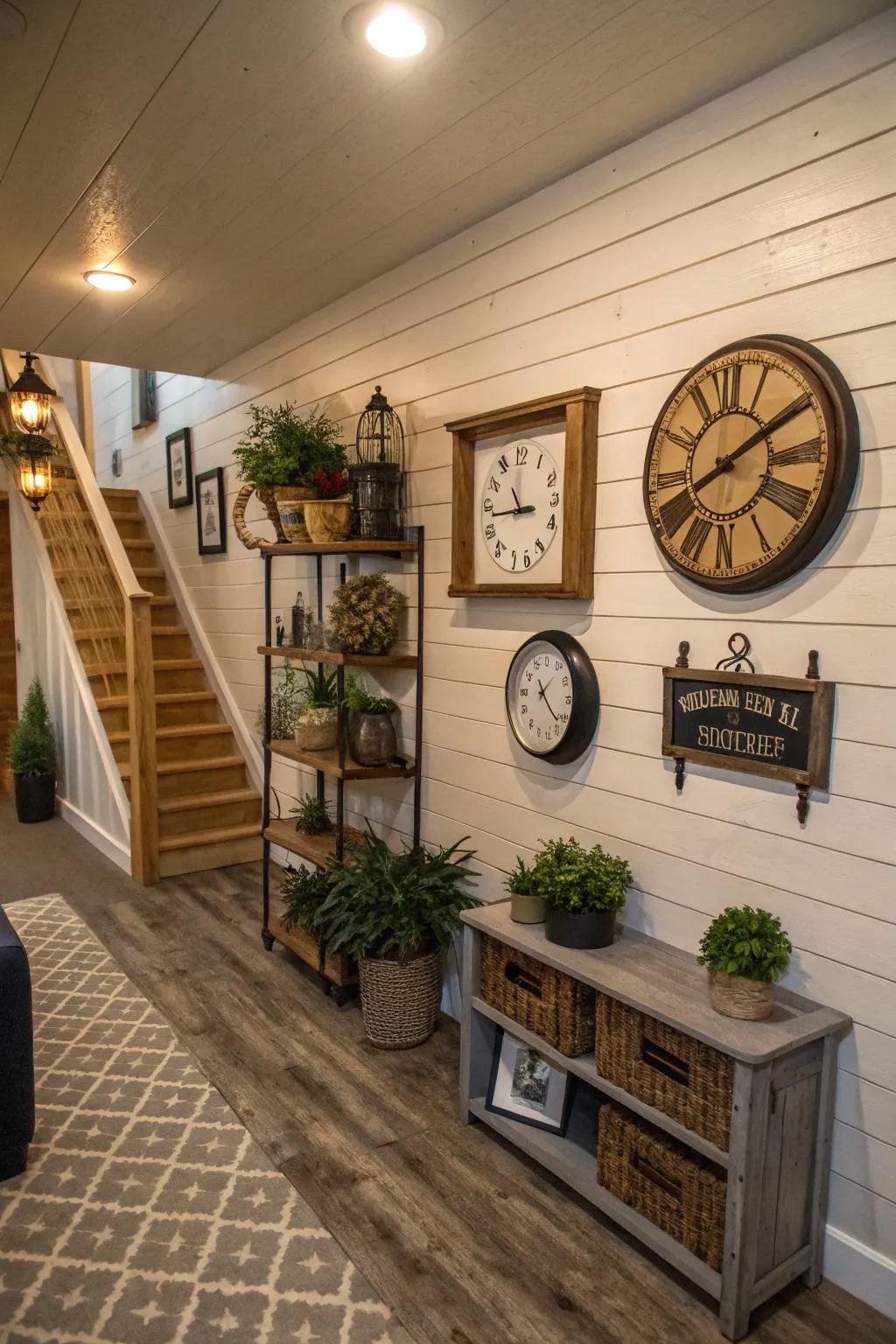 Decor on shiplap makes the space personal.
