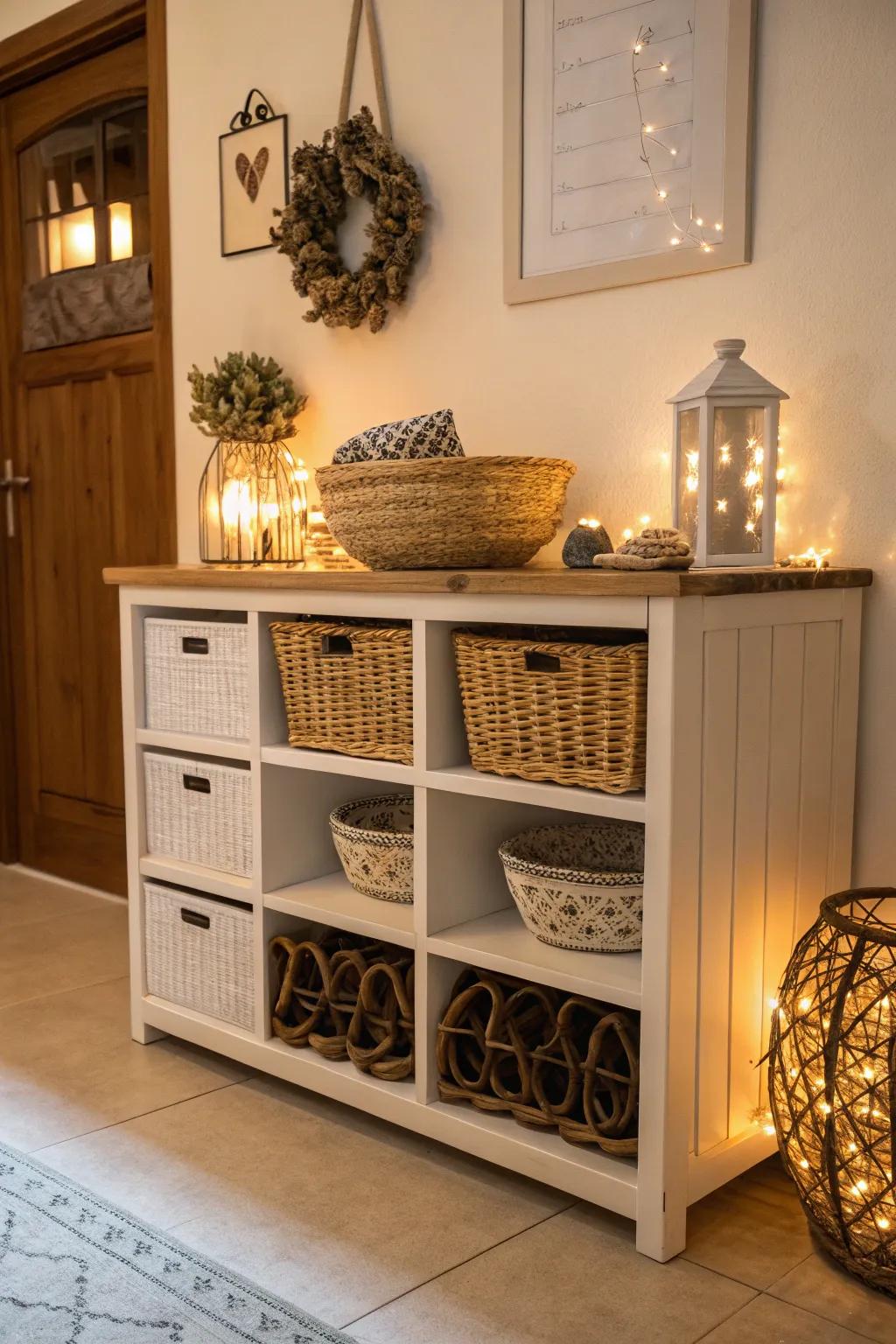A shoe cabinet decorated with personalized decorative items.