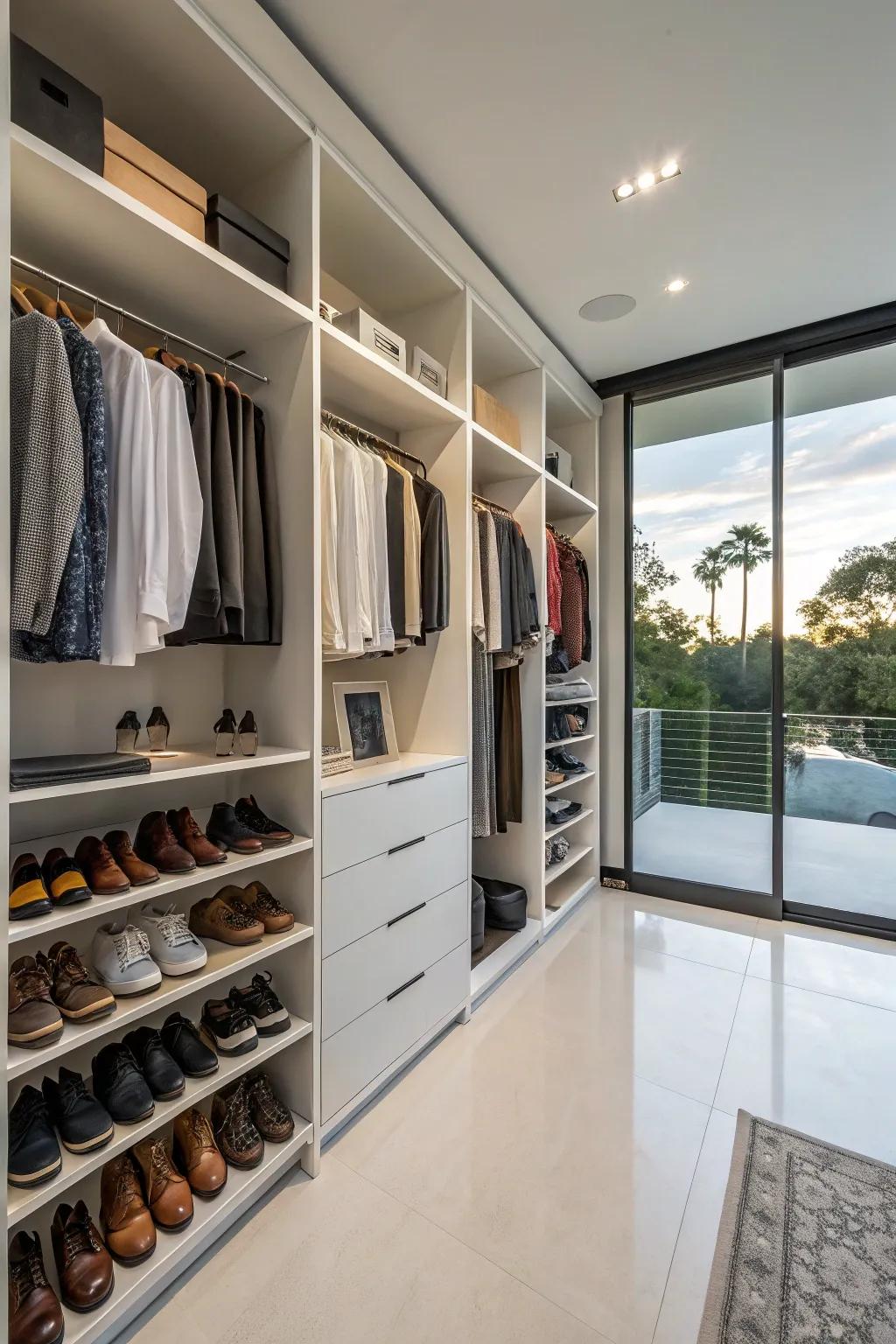 Achieve seamless storage by integrating shoe racks into your closet.