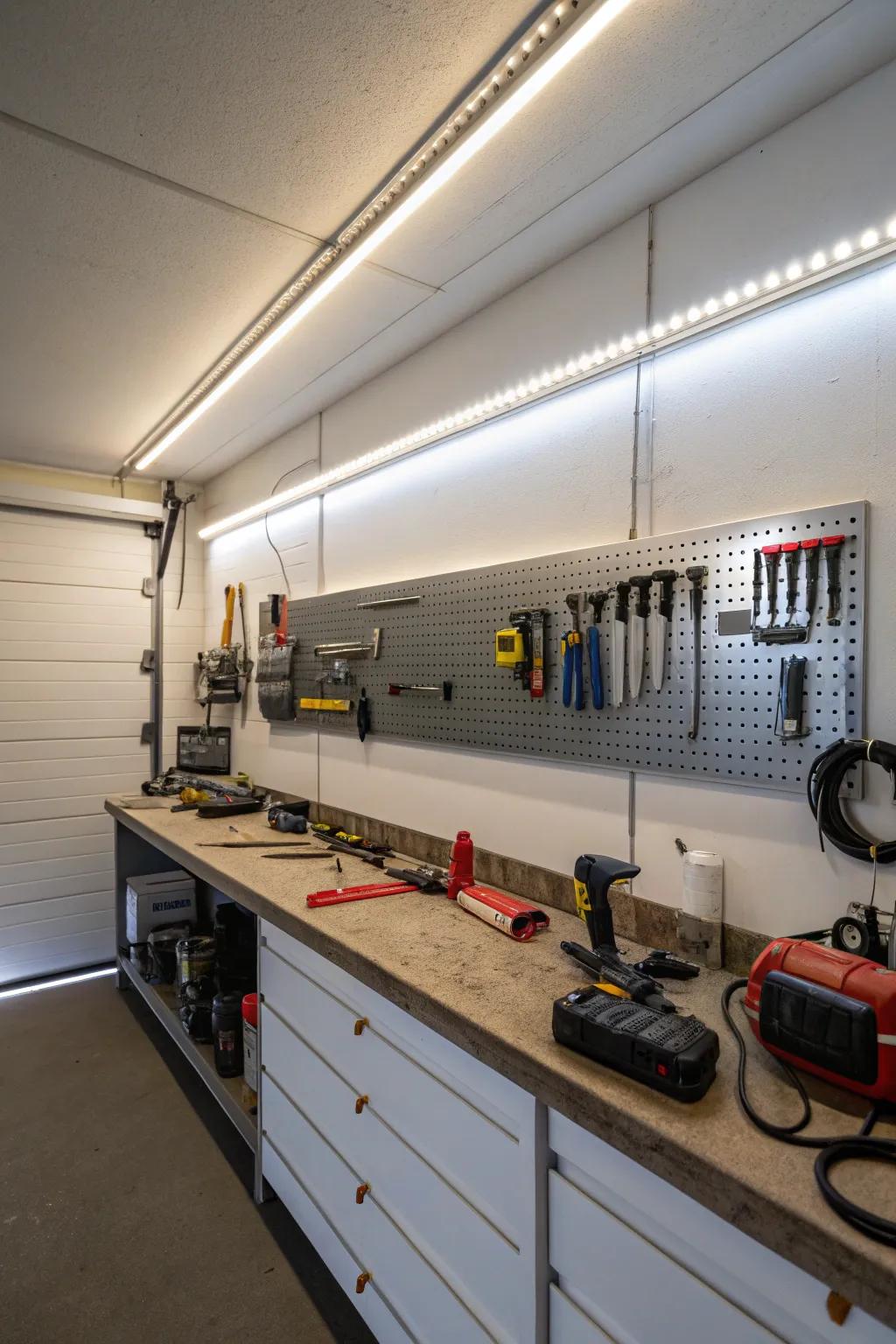 A garage wall illuminated by LED strip lighting.