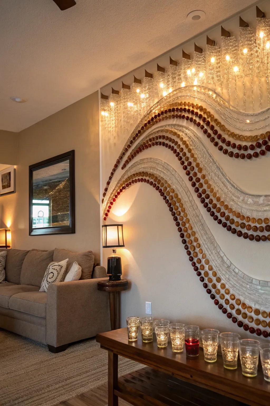 An artistic wave pattern of shot glasses displayed on a living room wall.