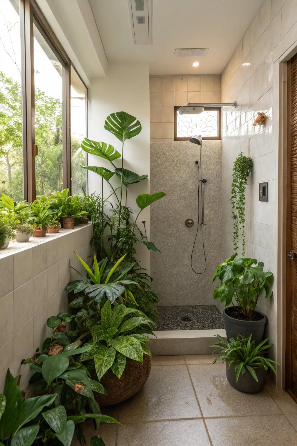 A mixture of plant dimensions enhances the dimension and diversity of your shower décor.