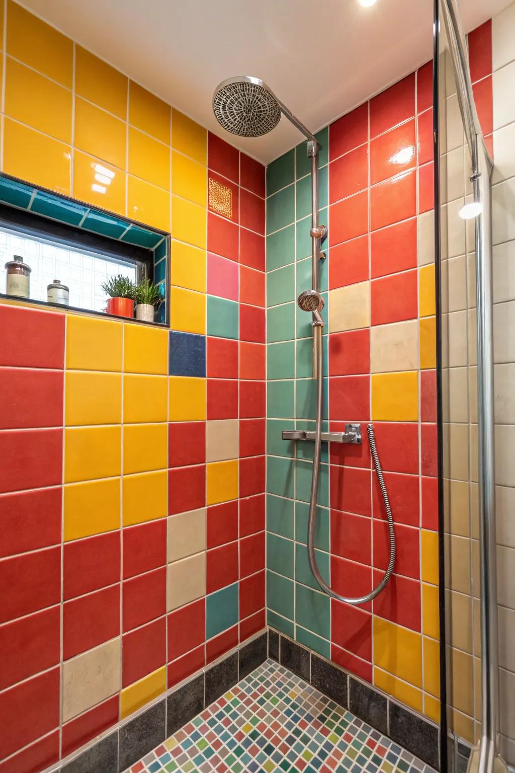 Striking colors in accent tiles add energy and personal style to the shower.