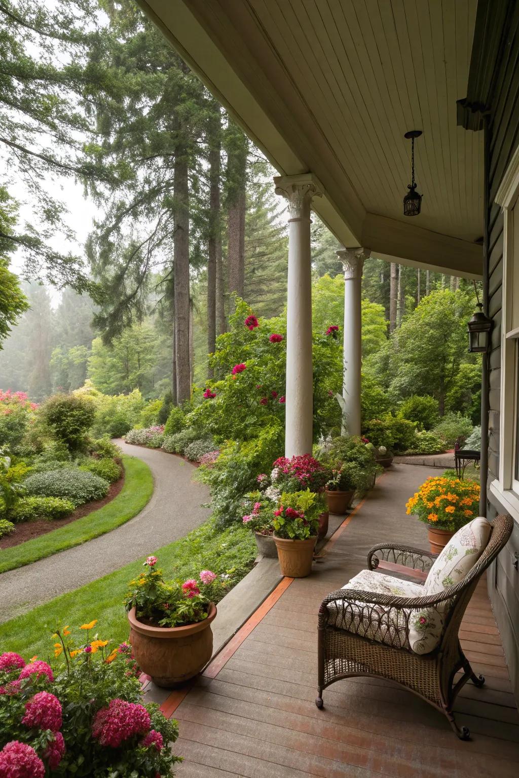 A side porch that offers breathtaking views of the surrounding nature.