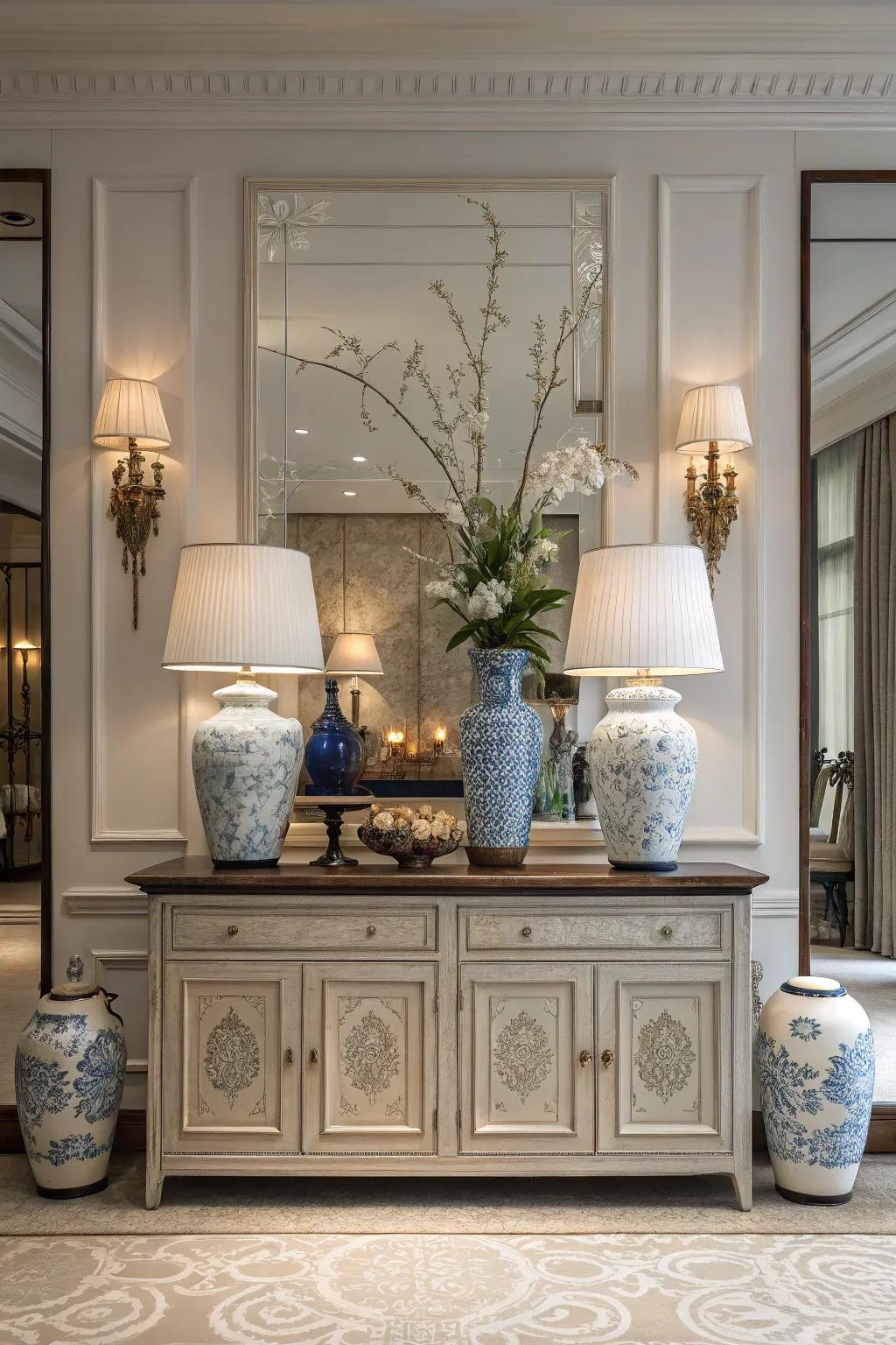 Symmetrical displays on a credenza bring harmony and equilibrium to the décor.