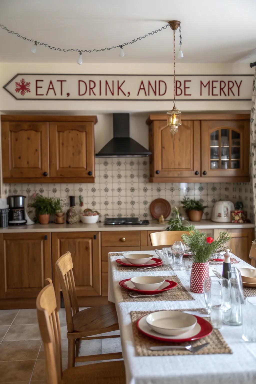 A culinary space displaying a joyful plaque with the message 'Feast, Sip, and Be Merry'.