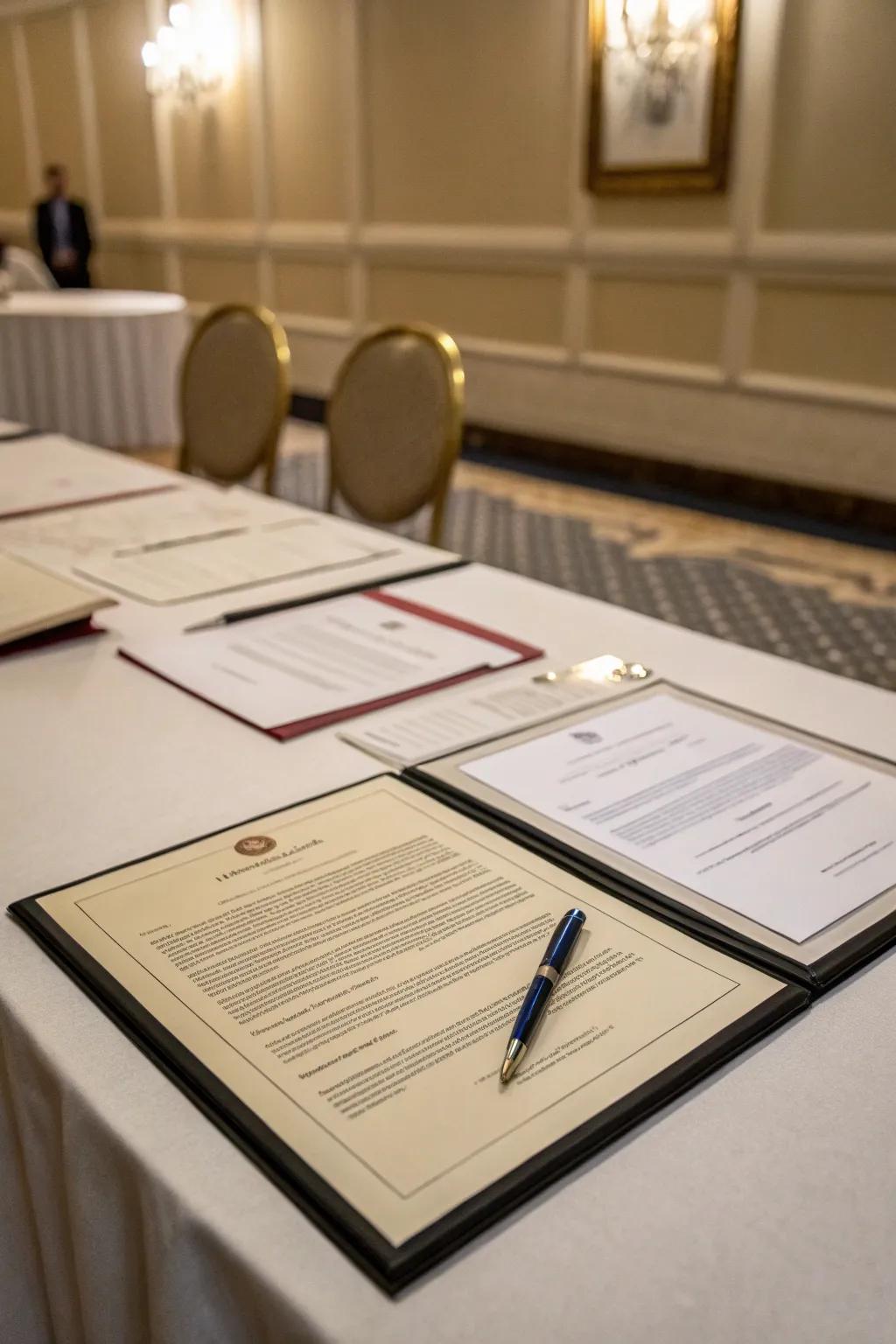 The central display of signing papers signifies commitment.