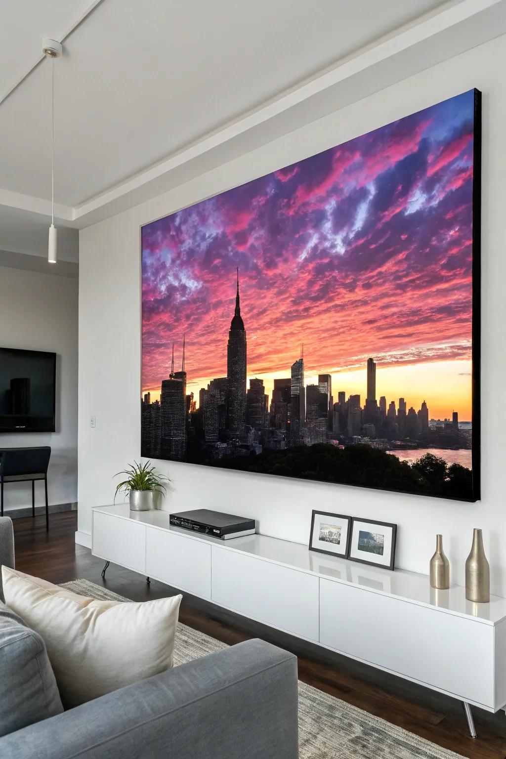 City skyline silhouette on artist board adds boldness to the living room.