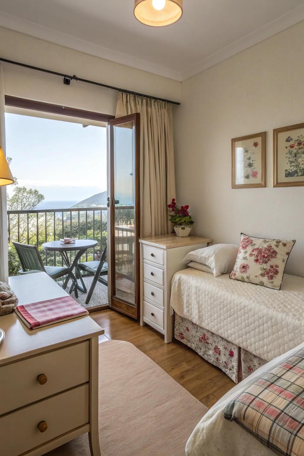 Handy and fashionable space-conscious furniture in a bedroom with a balcony.