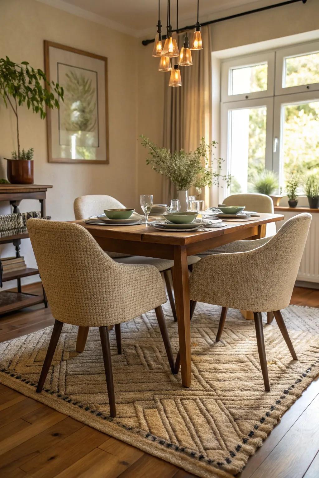 Layered textures bring warmth and depth to the dining area.