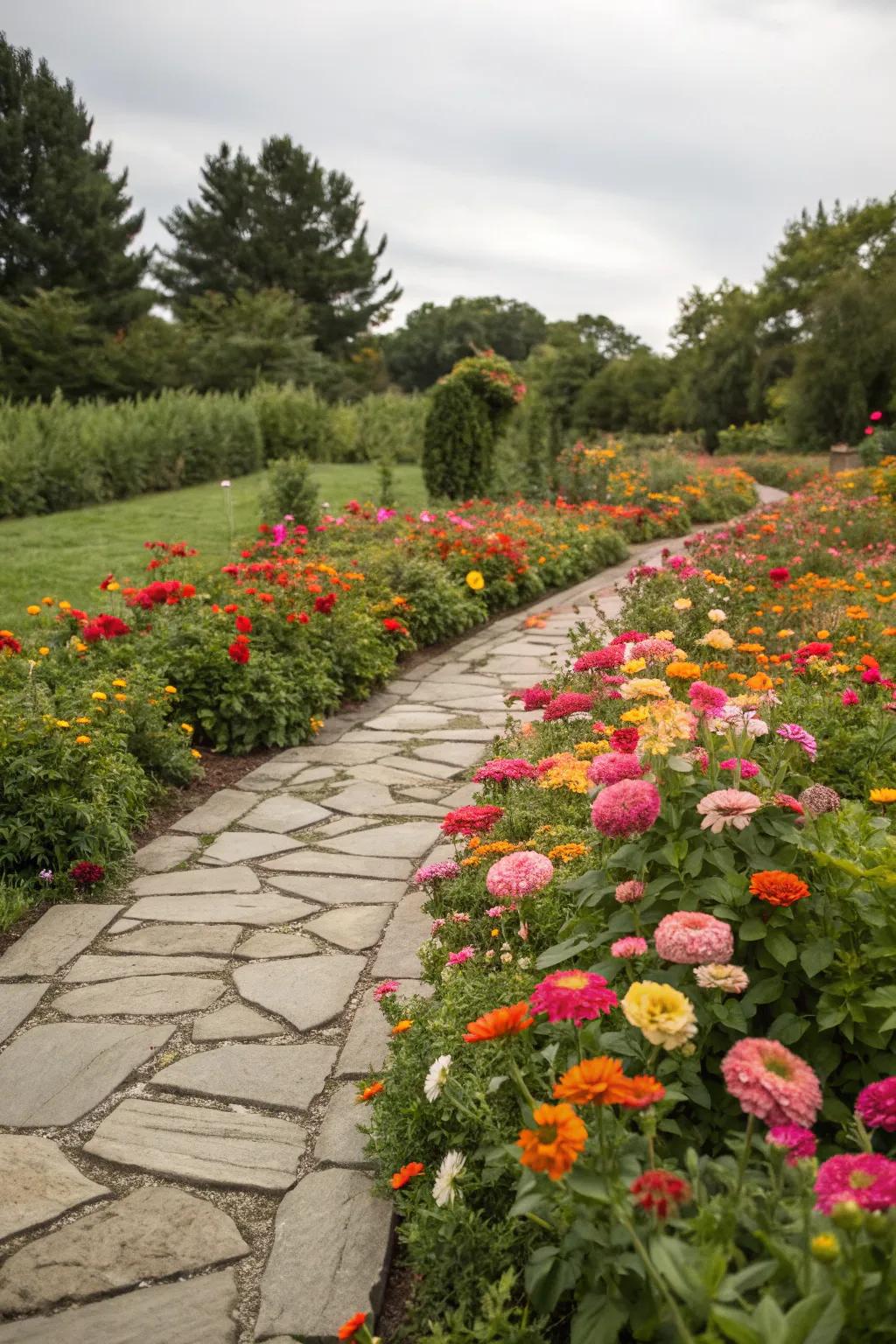 A stone pathway adds functionality and charm to this flower bed.