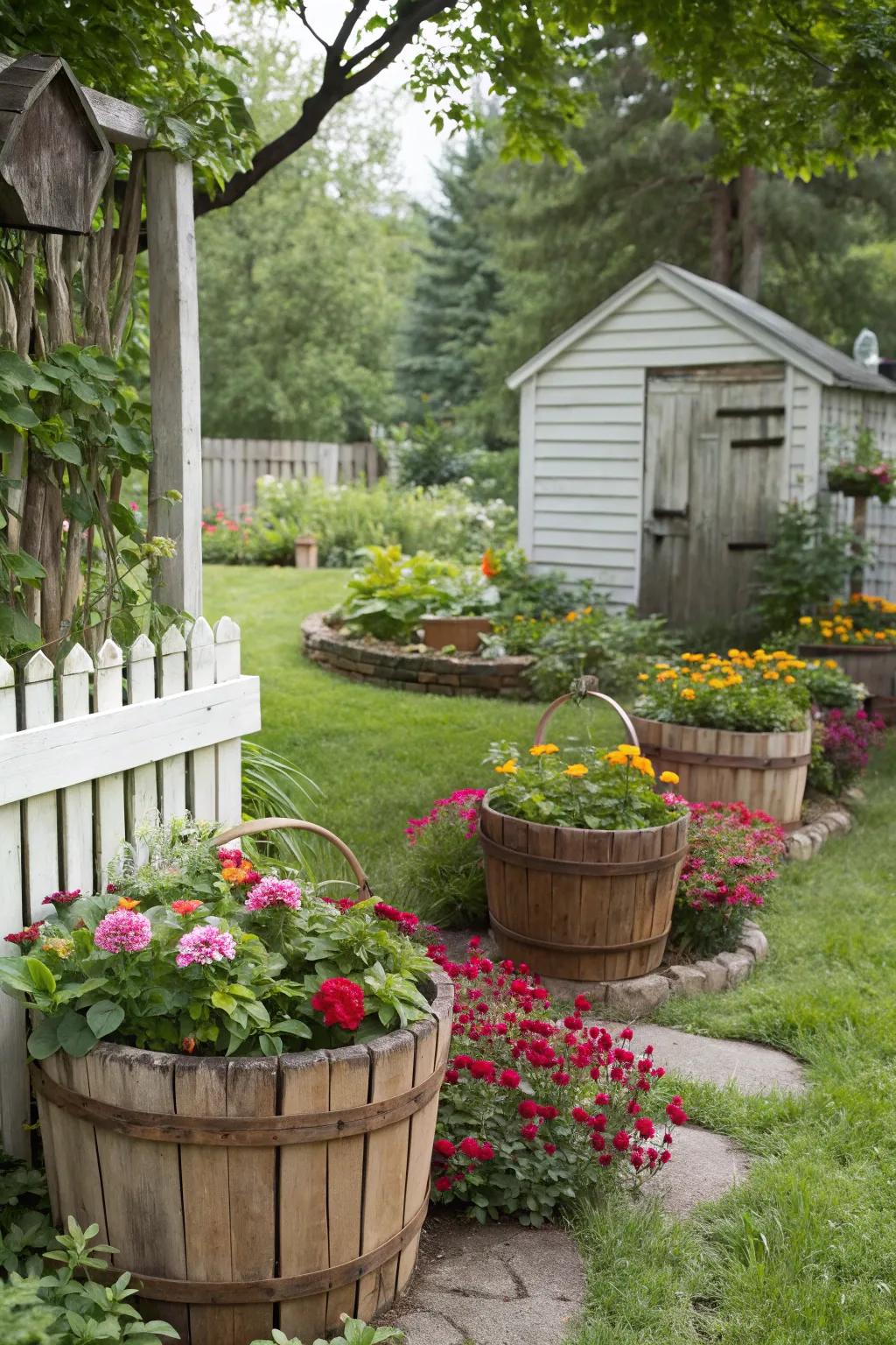Handcrafted planters made from vintage baskets in a garden setting.