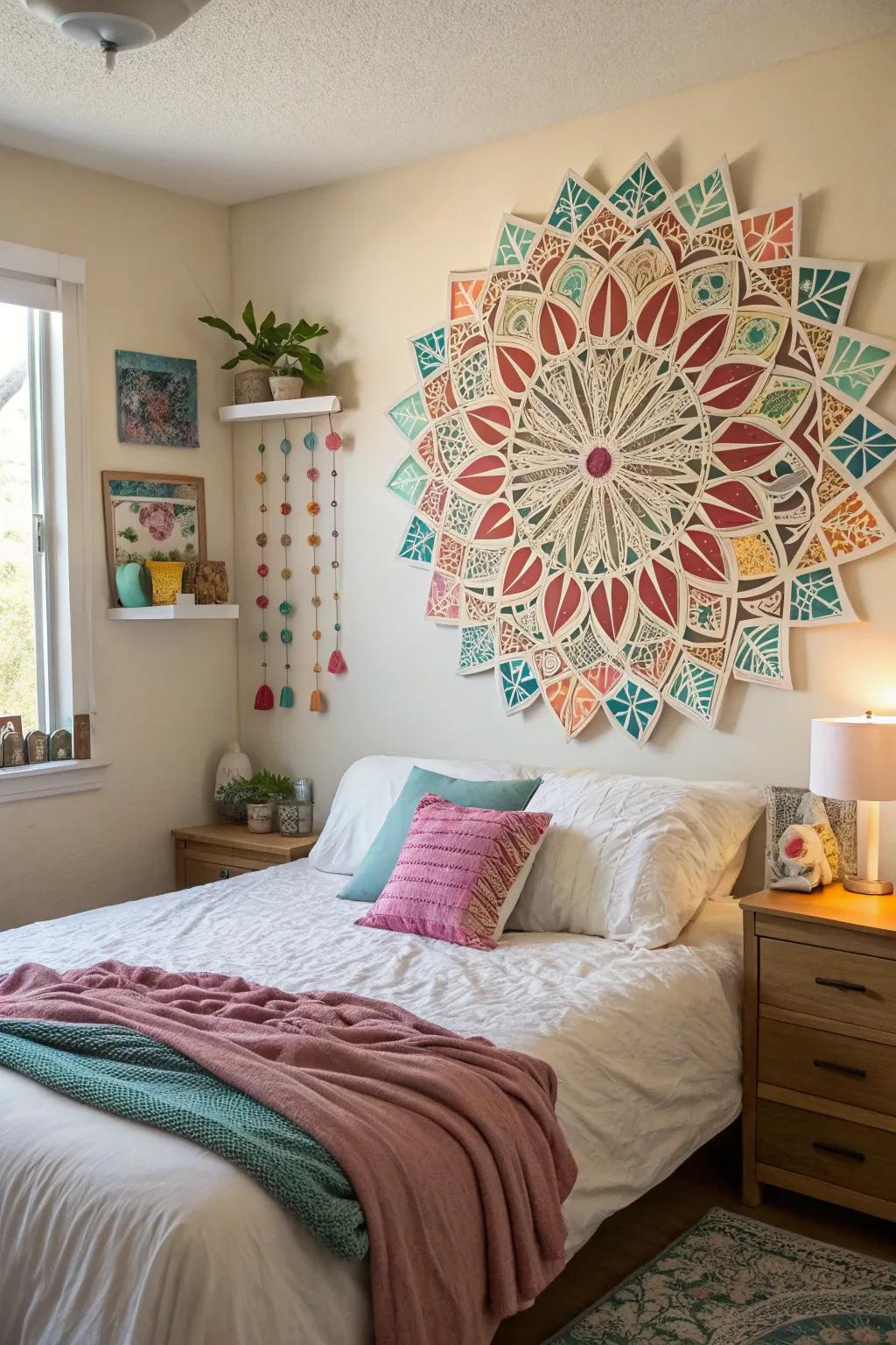 Handmade fractal wall art infuses a personal, artistic touch into a bedroom.
