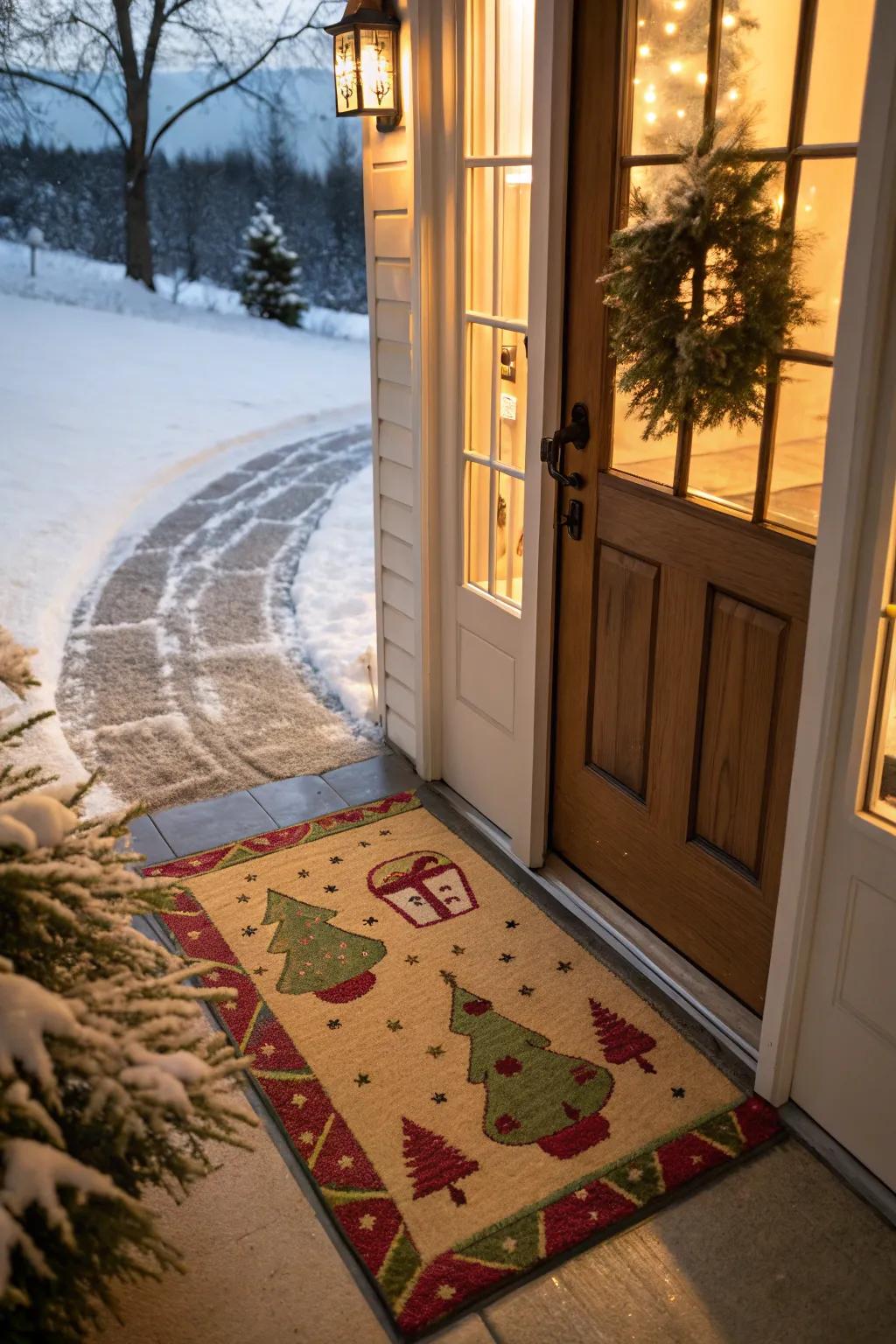 A cheerful doormat welcomes guests with holiday cheer.