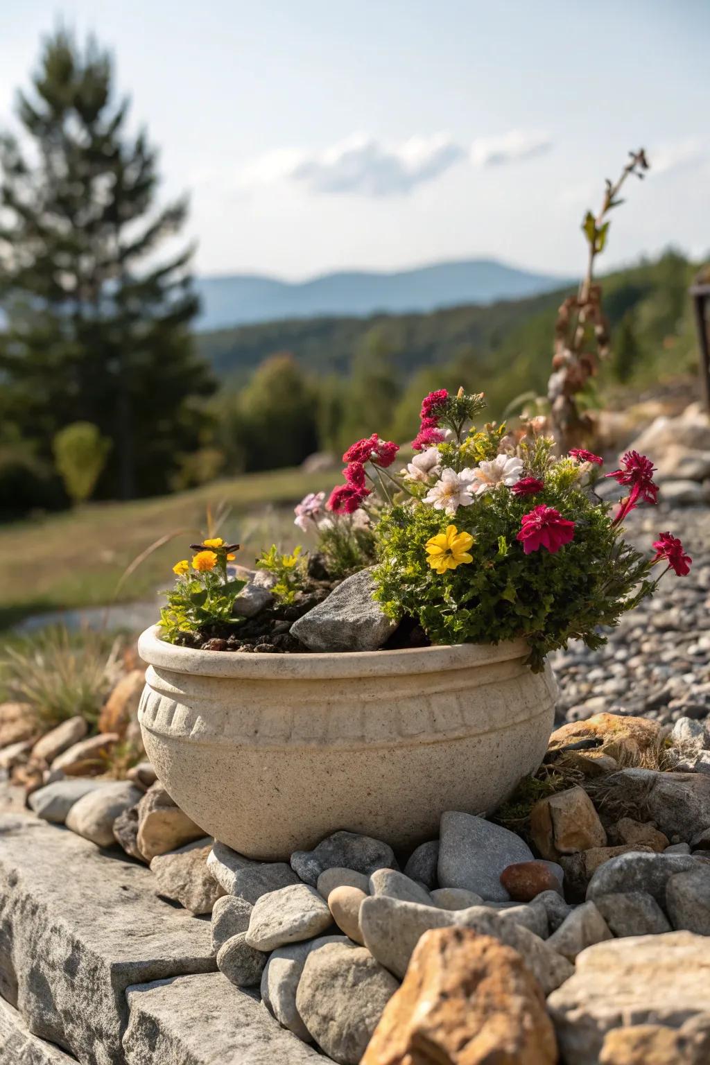 Rock containers add charm and uniqueness to garden displays.