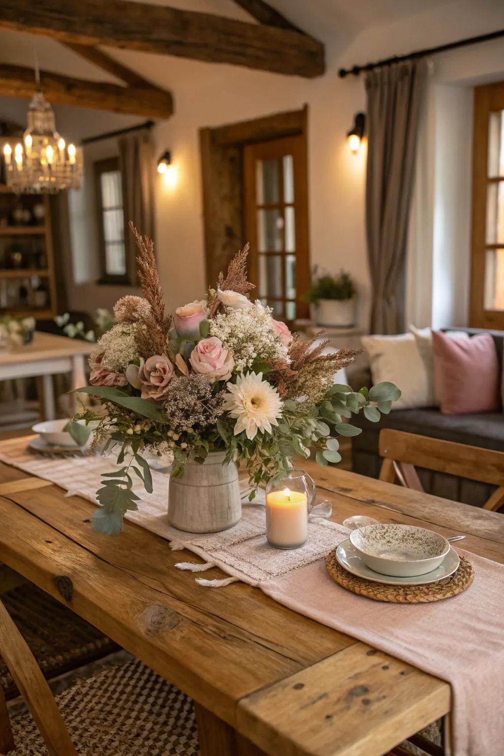 Muted seasonal blossoms injecting color into a rustic table.