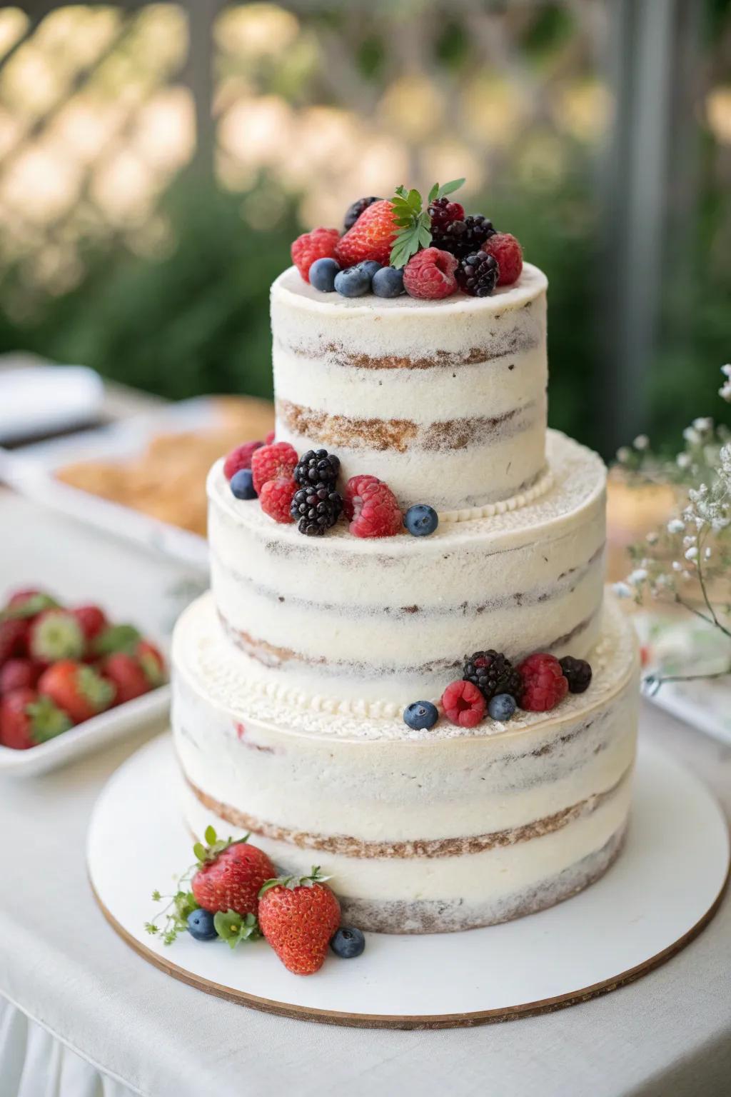 Rustic naked cake exuding natural charm.