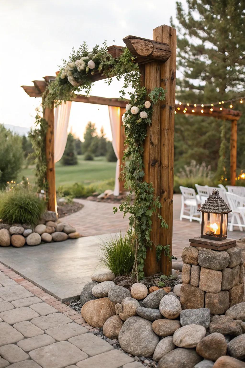 Natural elements like stones and wood add texture and depth to wedding decor.