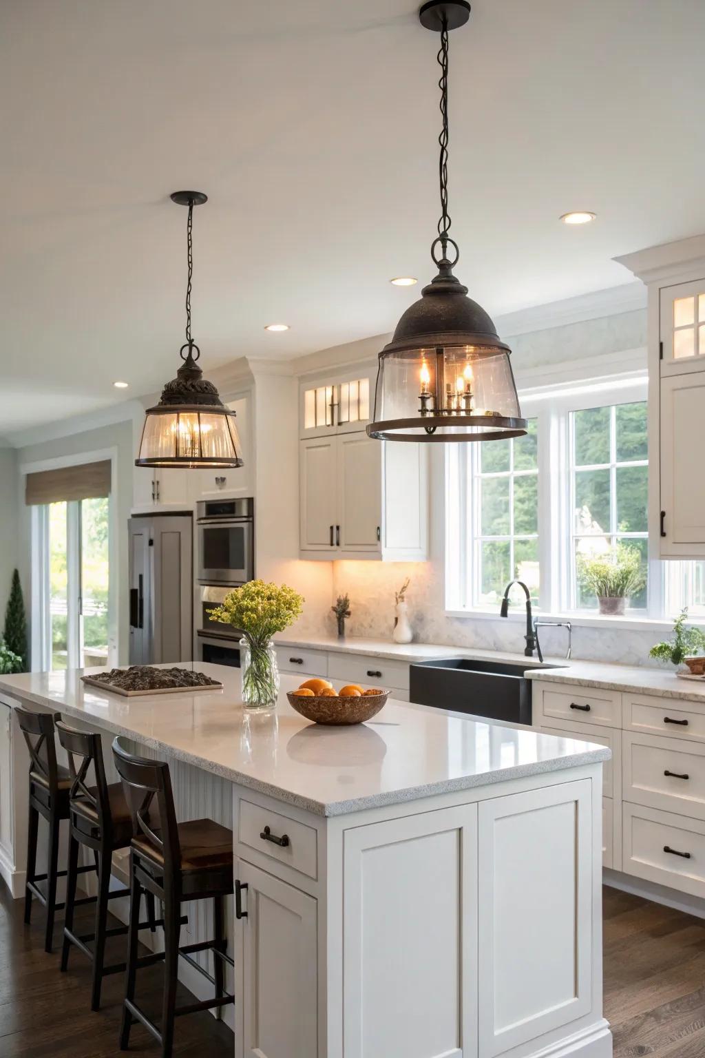 Hanging lights add personality to a white kitchen.