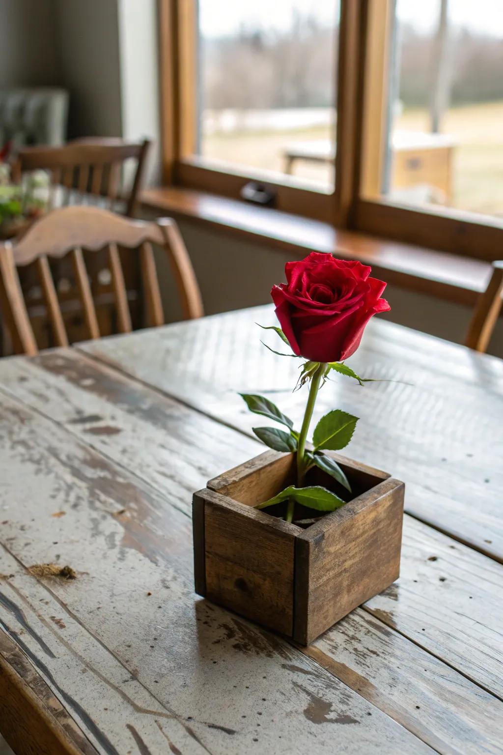 A wood crate contributes countryside charm to the rose centerpiece.